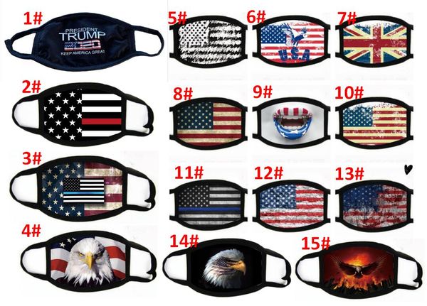 15 Styles Trump 2020 Máscaras Máscara à prova de vento de algodão Boca Anti-pó Unisex bandeira americana Eleição Estados Unidos águia Máscara Máscara Moda Preto