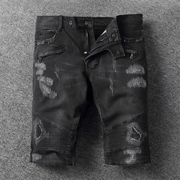 

2020 new summer casual designer jeans thin short homme korean youth mens denim shorts skinny ripped biker jeans shorts, Gray
