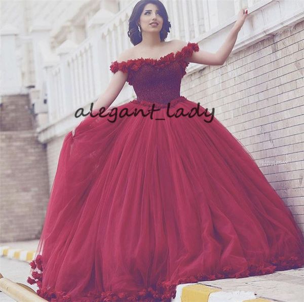 

arabian design scoop beaded pearls flowers off the shoulder red prom dresses 3d floral ball gown princess evening dresses, Black;red