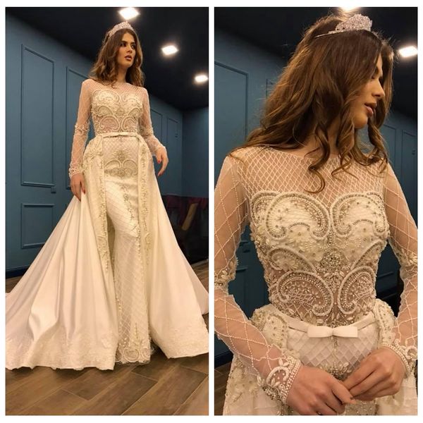 

sheer long sleeves beaded mermaid prom dresses beaded 2020 customized with detachable train women evening party gowns formal robe de festa, Black