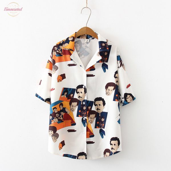 

floral 2020 new women short sleeve fashion face print white cotton blouse shirts summer casual loose beach shirts blusas