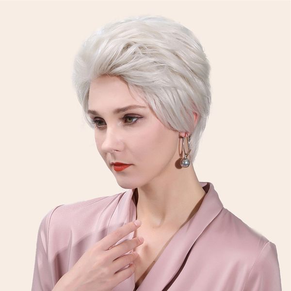 

10inch real human hair pixie cut layered daily party wig for white women silver, Black
