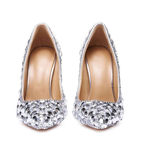 

новый серебряный роскошный горный хрусталь для новобрачных свадьба обувь высокого качества из натуральной кожи указал 11см на высоких каблук, Black