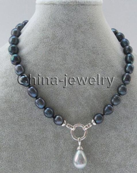

p6723-18 "10-11mm black baroque freshwater pearl necklace + 20mm gray shell pendant, Silver