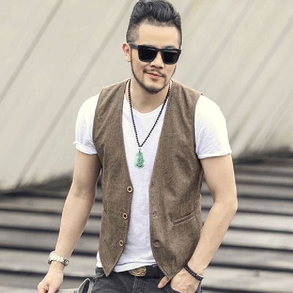 

men's vests lookbuy 2021 khaki color single breasted cotton linen vest casual mens suit wedding waistcoat brand clothing, Black;white