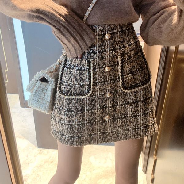 

retro tweed plaid skirt high waist autumn winter pearls buttons pockets short mini skirt women jupe courte faldas cortas saia, Black