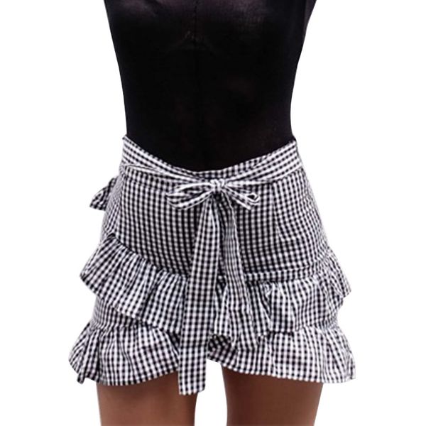 

lace up plaid short skirt women ruffle high waist bow tie a-line skirts female bottom vintage mini skirt summer beach, Black