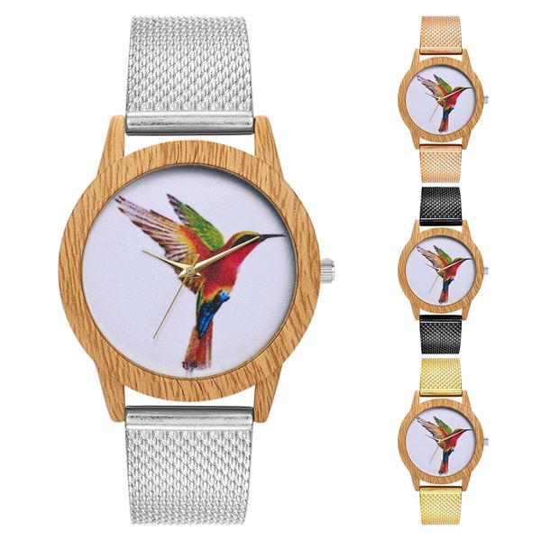

zhoulianfa bird pattern watch mesh strap round dial quartz wristwatch, Slivery;brown