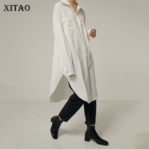 

xitao white mid-length shirt irregular long sleeve simple wild elegant women blouses fashion plus size loose women xj3877