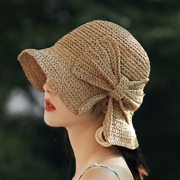 

women summer hat wide brimmed raffia bow panama foldable women hat elegante bucket straw foldable beach sun shade caps, Blue;gray
