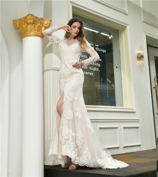 

2020 new lace wedding dresses lace appliques long sleeves wedding dress thigh-high slits mermaid bridal gowns, White