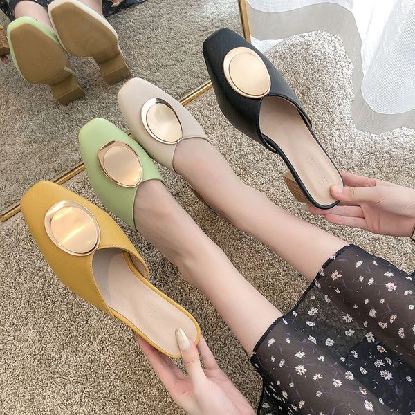 

new circle metal buckle slippers women shoes woman mules ladies shoes cover square toe mid heels leather casual slides, Black