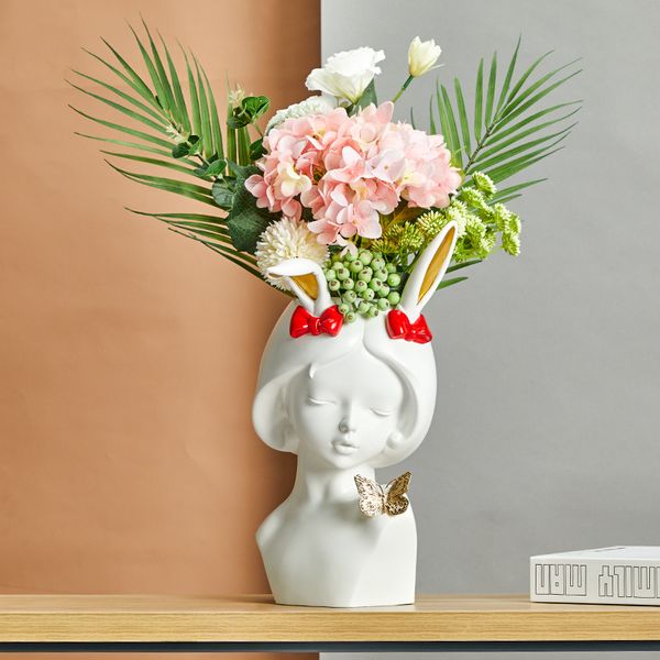 

nordic white pink rabbit girl portrait flower pot resin accessories home livingroom figurines decoration office ornaments crafts