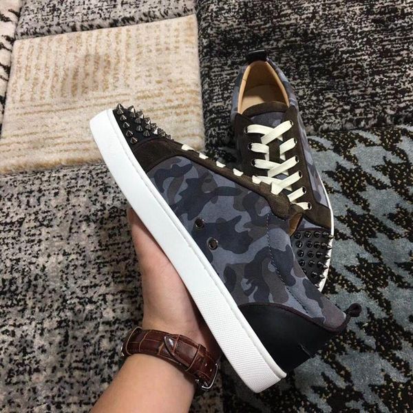 

2019 spikes red bottom sneakers shoes men,women casual flats camouflage gray suede wedding party low with box l03, Black