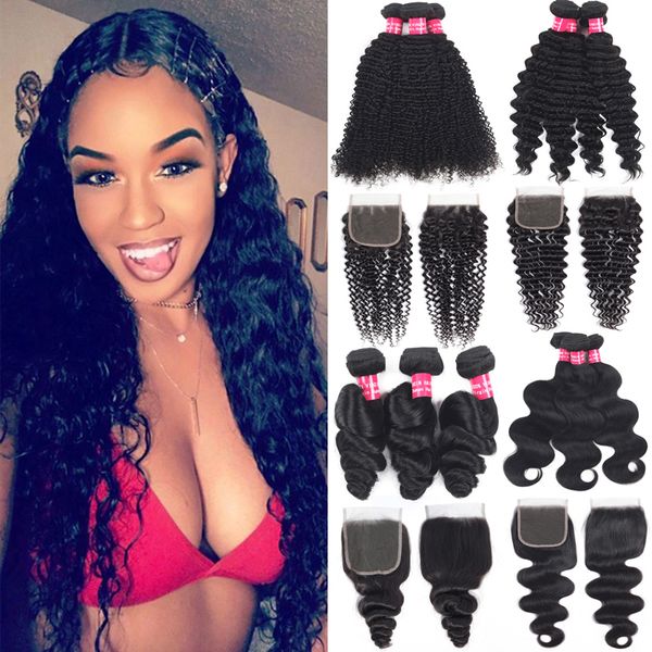

brazilian virgin hair 4bundles with lace closure water wave human hair weave bundles with closure peruvian malaysian indian hair extensions, Black