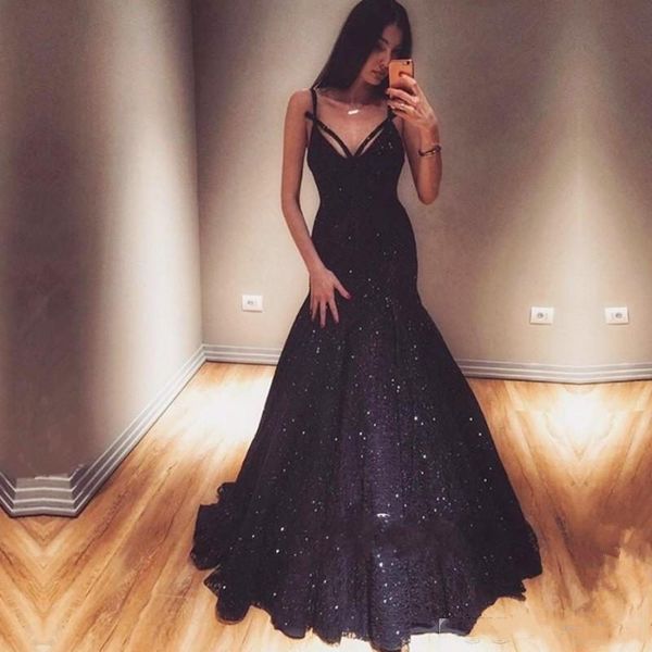 

sparkly sequin prom dresses v neck 2019 evening gowns a line straps special occasion party dresses sweep train custom made vestidos, Black;red