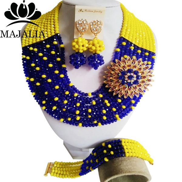 

fashion african beads jewelry set blue and yellow nigeria wedding crystal necklace bridal jewelry sets vv-003, Slivery;golden