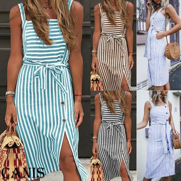 

women summer boho long maxi dress evening party beach dresses sundress sleeveless striped casual holiday dress, Black;gray