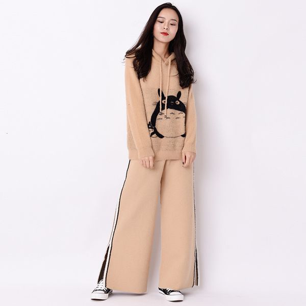 

totoro women sweatshirt autumn winter new two piece set colorblock wide leg pants pullover suit korean young female hoodie, White