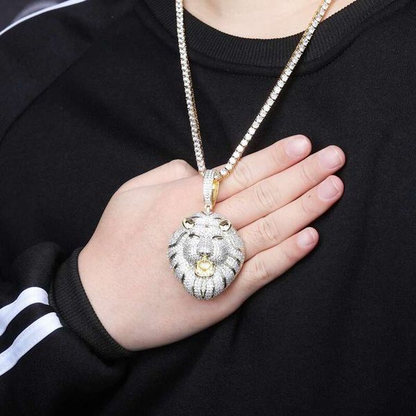 

iced out lion head pendant necklace for men hip hop luxury designer mens bling diamond cartoon animal pendants gold tennis chain necklaces, Silver