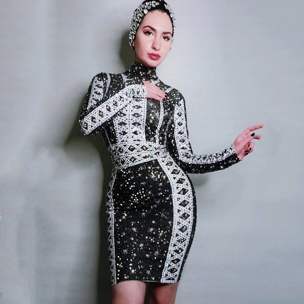 

2020 rhinestones black long sleeves dress bar birthday prom outfit evening singer show dress women gogo dance costume sl024, Black;red