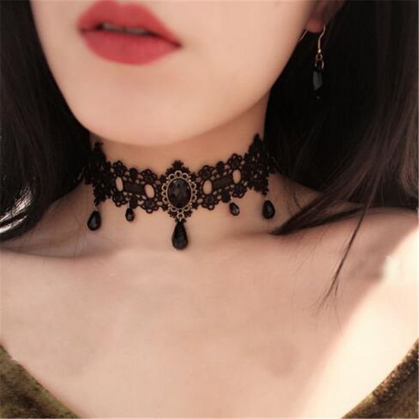 

black lace clavicle necklace cubic zirconia charm chain water drop bead pendant statement choker european style, Silver