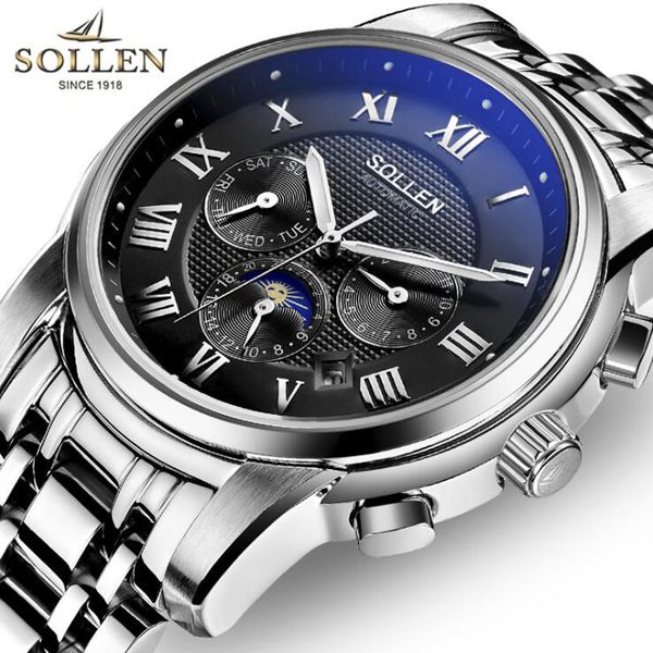 

sollen men automatic mechanical watch 2019 fashion luxury waterproof time calendar brand casual business luminous sports watches, Slivery;brown