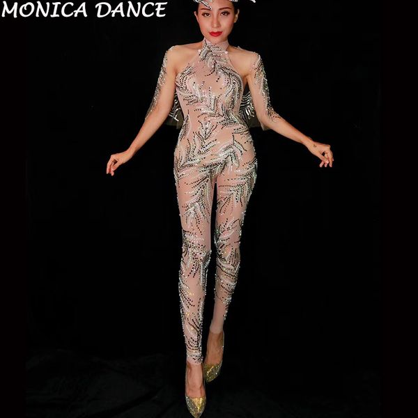 

rhinestones pattern see through jumpsuit one-piece outfit female singer bodysuit bar nightclub party mesh jumpsuit, Black;white
