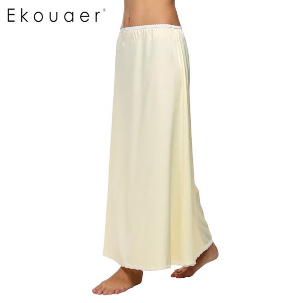 

ekouaer casual women satin solid lace trim maxi half slip underskirt slip skirt loose elastic waist half skirt white black beige, Black;gray