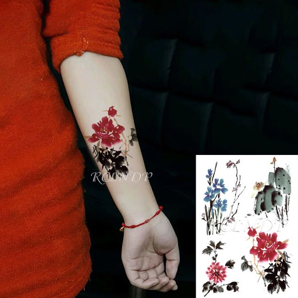 

waterproof temporary tattoo sticker peony lotus flower chinese ink-water fake tatto flash tatoo art for women men girl