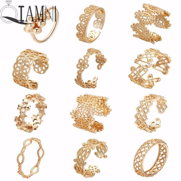

qiamni gold color flower stackable finger ring wedding women's cocktail hollow geometric toe foot ring party jewelry bague femme, Golden;silver