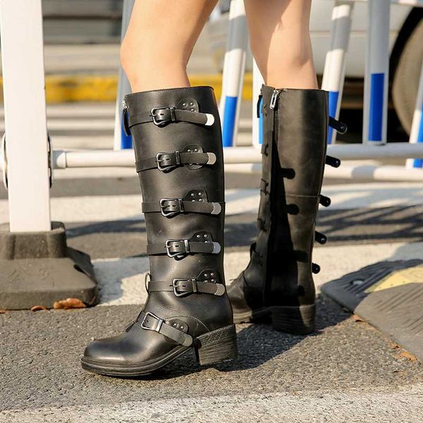 

black real leather women long knight boots gladiator strap buckle winter bottes femmes brown knee high heels motorcycle botas