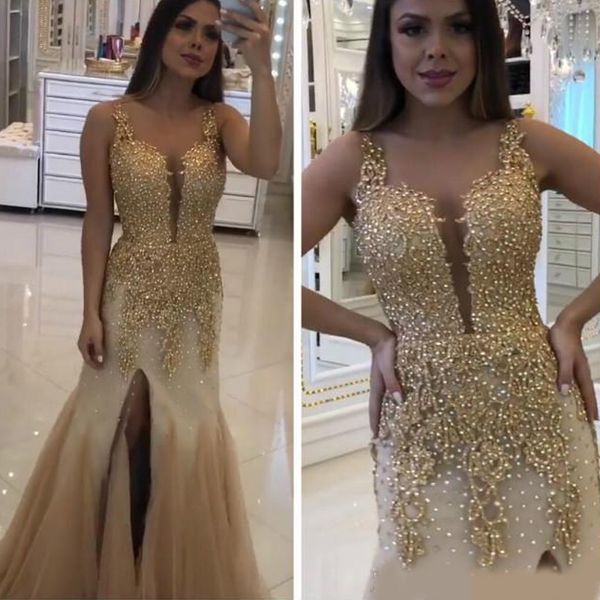 

aso ebi arabic gold lace beaded evening dresses mermaid sheer neck prom dresses formal party second reception gowns dresses, Black;red