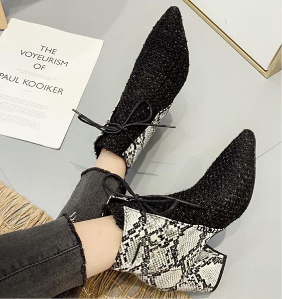 

coarse heel martin boots mixed color serpentine short boots lace-up high-heeled shoes pointed toes patchwork ankle boots luxury shoes, Black