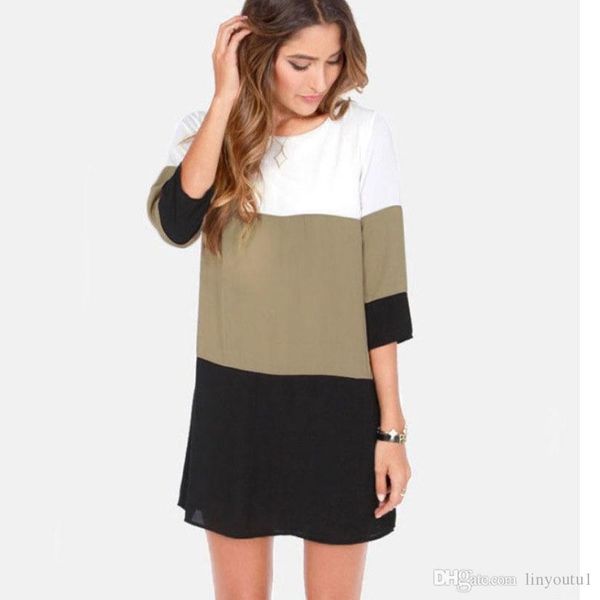 

women's loose mini dress long three-color stitching patchwork one button female chiffon dresses large size 6xl, Black;gray