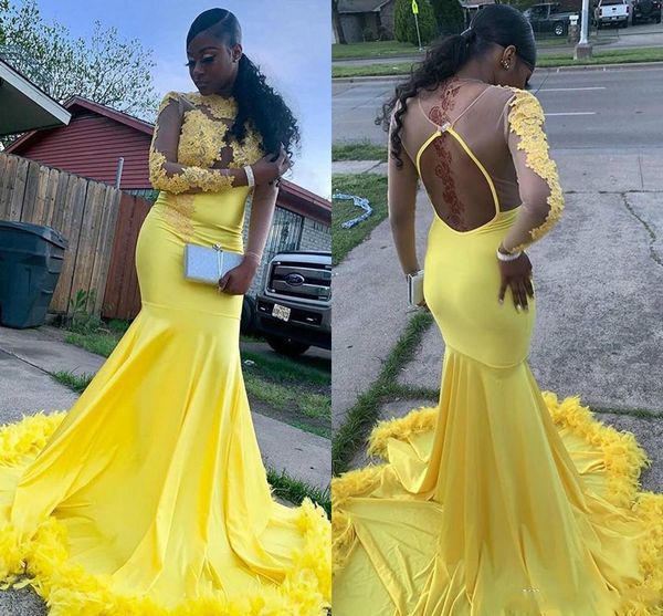 

african yellow feather prom dresses open back prom dress with sleeves sheer long sleeve lace formal evening gowns elegant party wear, Black