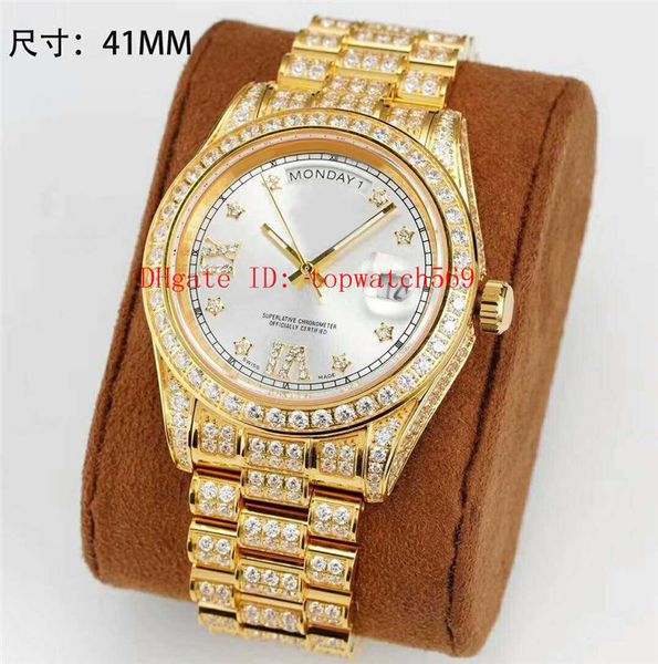 

new 41mm day date watch swiss automatic watch 28800 vph full diamond watch 18k gold 904l stainless steel 28800 vph sapphire water resistant, Slivery;brown