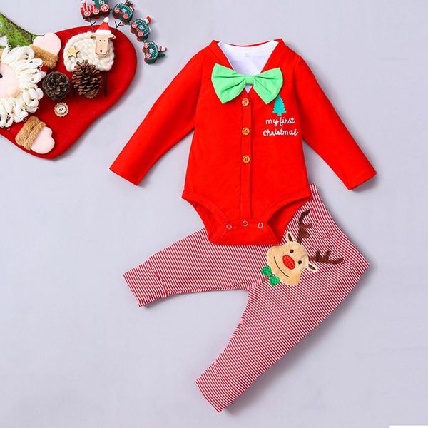 

infant baby boys christmas xmas fawn print long sleeve thick red romper jumpsuit outfits baby cartoon clothes christmas set, White