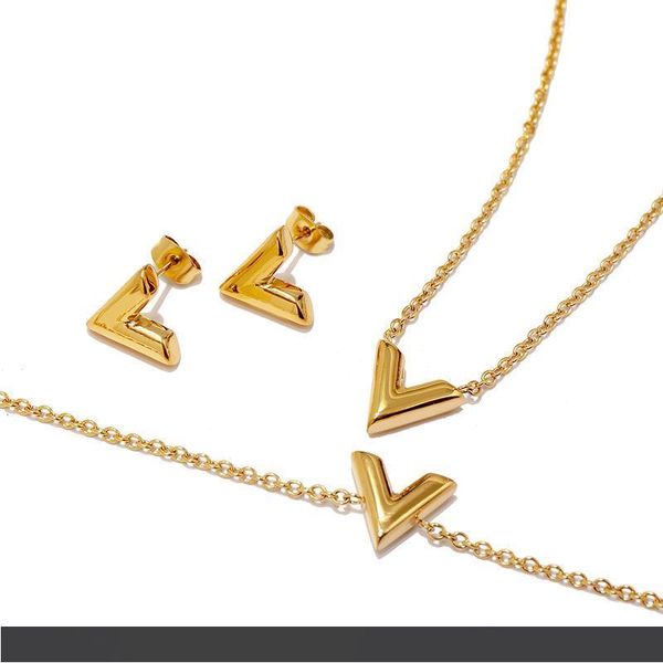 

brand letter v charm bracelet necklace earrings sets for women titanium steel silver rose gold chain bracelet v triangle cute stud earrings