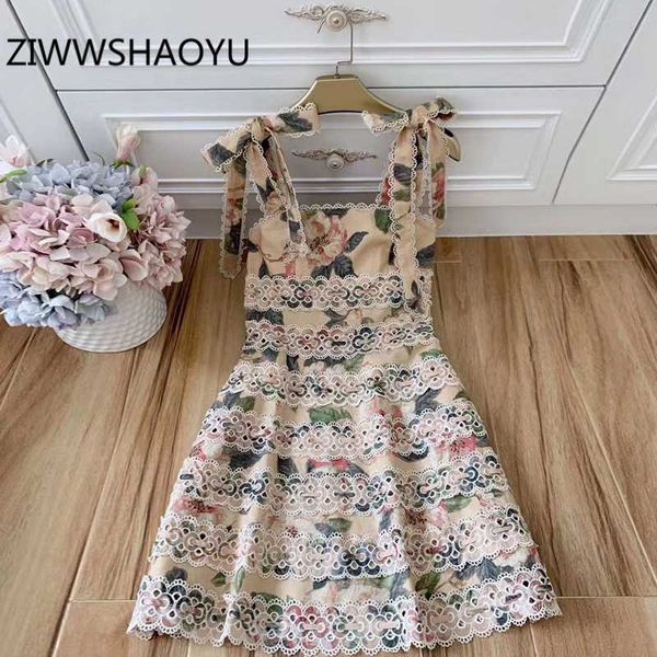 

ziwwshaoyu women summer embroidery bow spaghetti strap dress runway designer ladies floral print party mini linen dresses, Black;gray