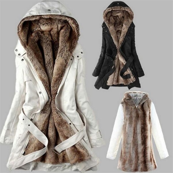 

thick warmth ladies fur lining coat 2019 womens winter warm thick long jacket hooded parka, Black