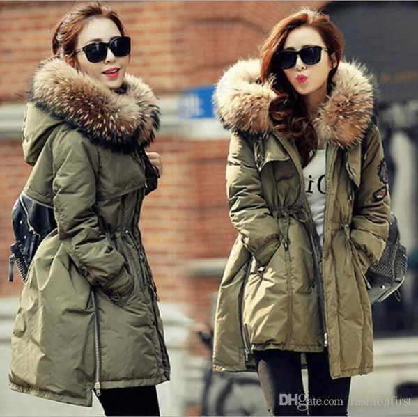 

faux raccoon fur winter jacket lady fur collar hooded thicken army parka women winter ladies white duck down coat