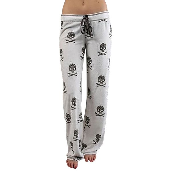 

women pants casual low waist flare wide leg long pants palazzo trousers skull printed pajama at home, Black;white
