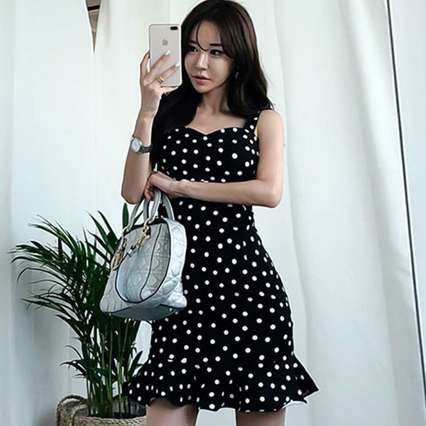 

женщины мини-точка печати ткань bodycon сексуальный ремень без рукавов клубное платье, Black;gray