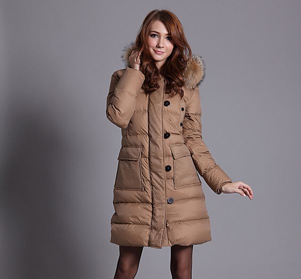 

womens brand down parka winter jacket medium-long down jackets large full fur collar hooded trekking lady down coat, Black