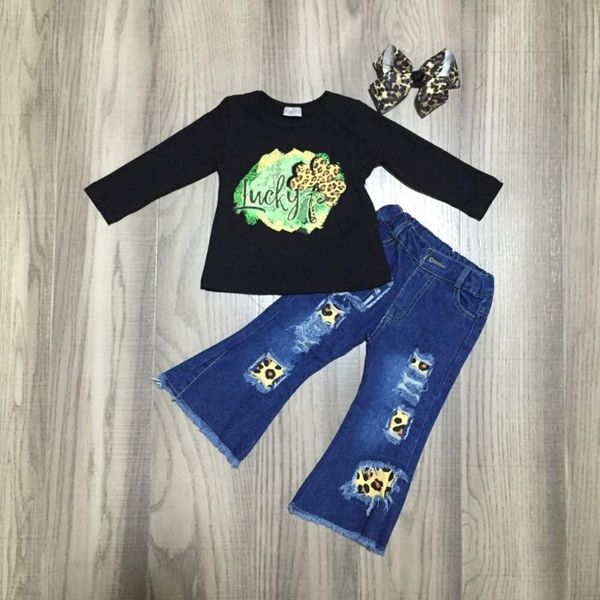 

baby girls st patrick clothes girls jean outfits lucky clover raglan leopard jean children outfit with bow, White
