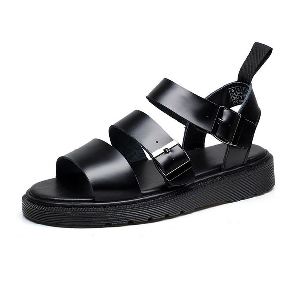 

genuine flat heel women men summer buckle strap leather sandals for zy410, Black