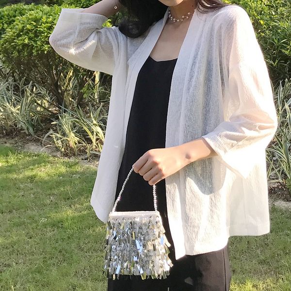 

summer women's cardigan loose long sleeve blouse sun protection top, White