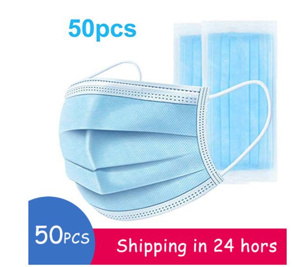 

dhl shipping 100 pcs disposable face mask in stock profession anti dust one time mask 3-layer non-woven pm2.5 elastic mouth soft breathable