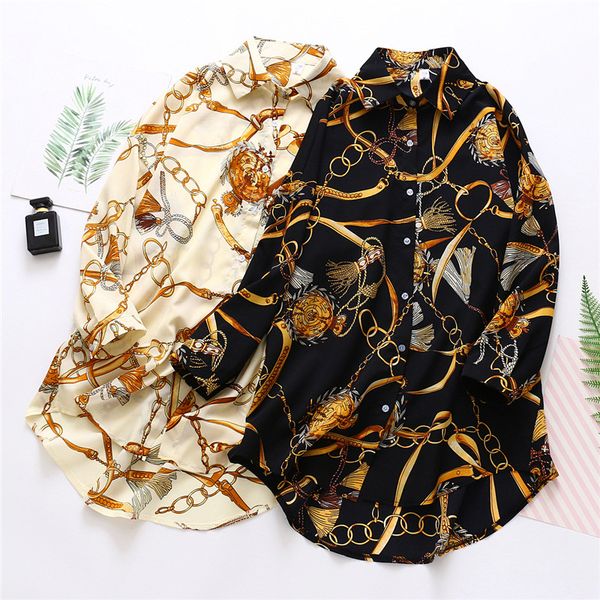 

womens chiffon sunscreen shirt summer designer print long sleeve lapel neck fashion clothing casual loose famale shirt, White